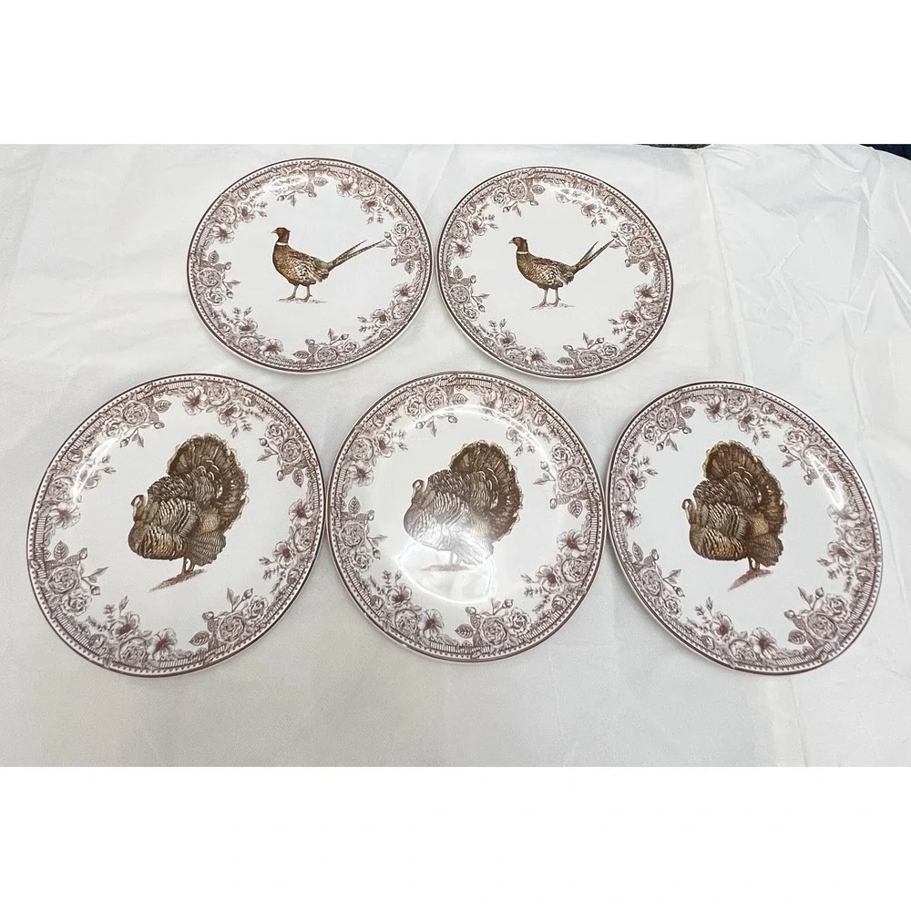 Turkey Pheasant Plates Set of 5 Floral Thanksgiving Fall Bird Country Farm Cabin